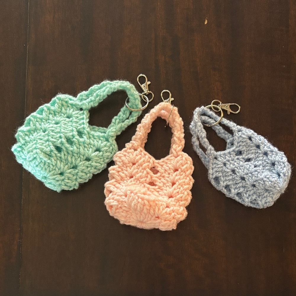Crochet Mini Tote Keychains in Mint, Peach, and Light Blue